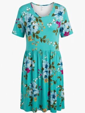 Floral Scoop-Neck Teal Women's Dress